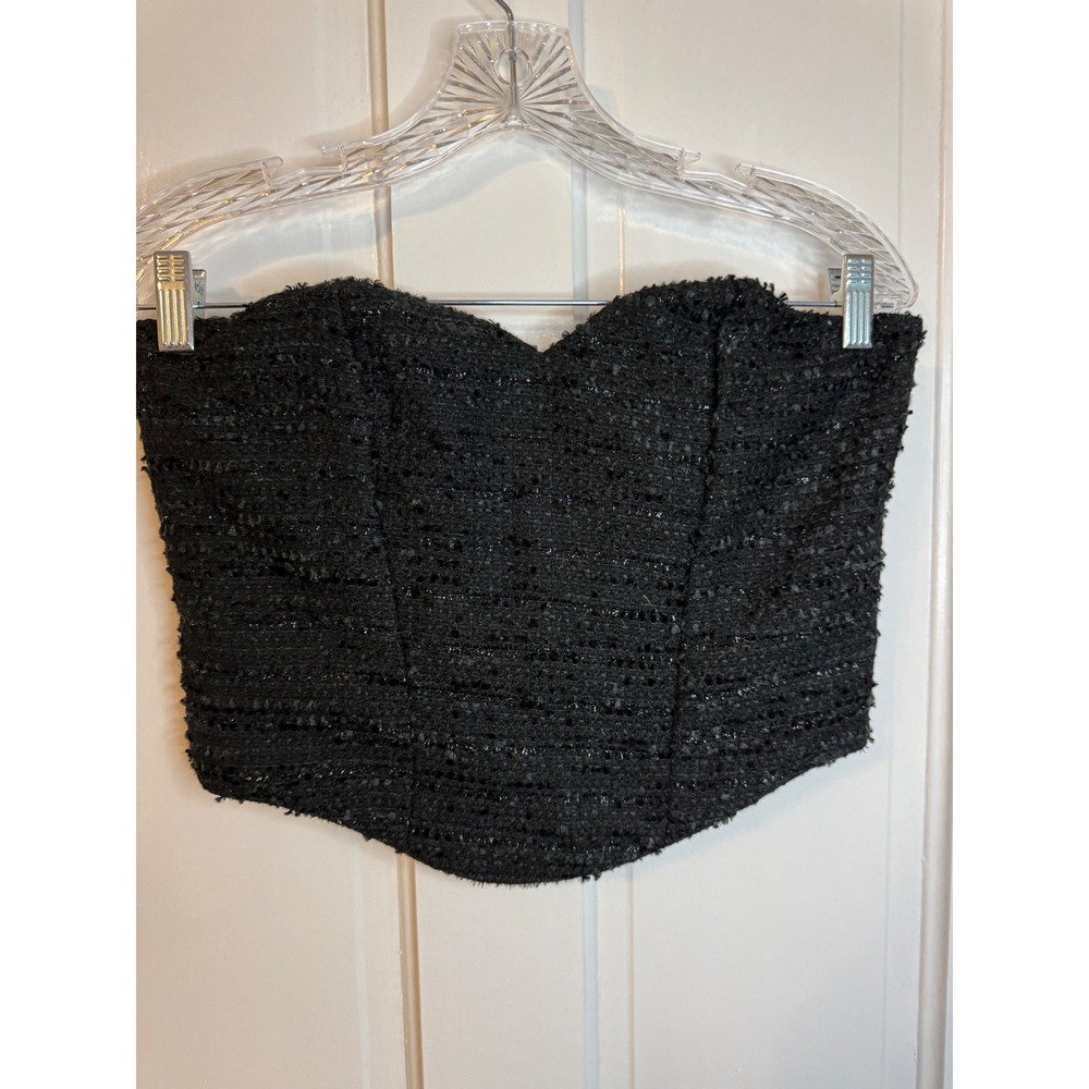 Black Tweed Corset Top Sweetheart Neckline Gold Zip Strapless Crop Bustier